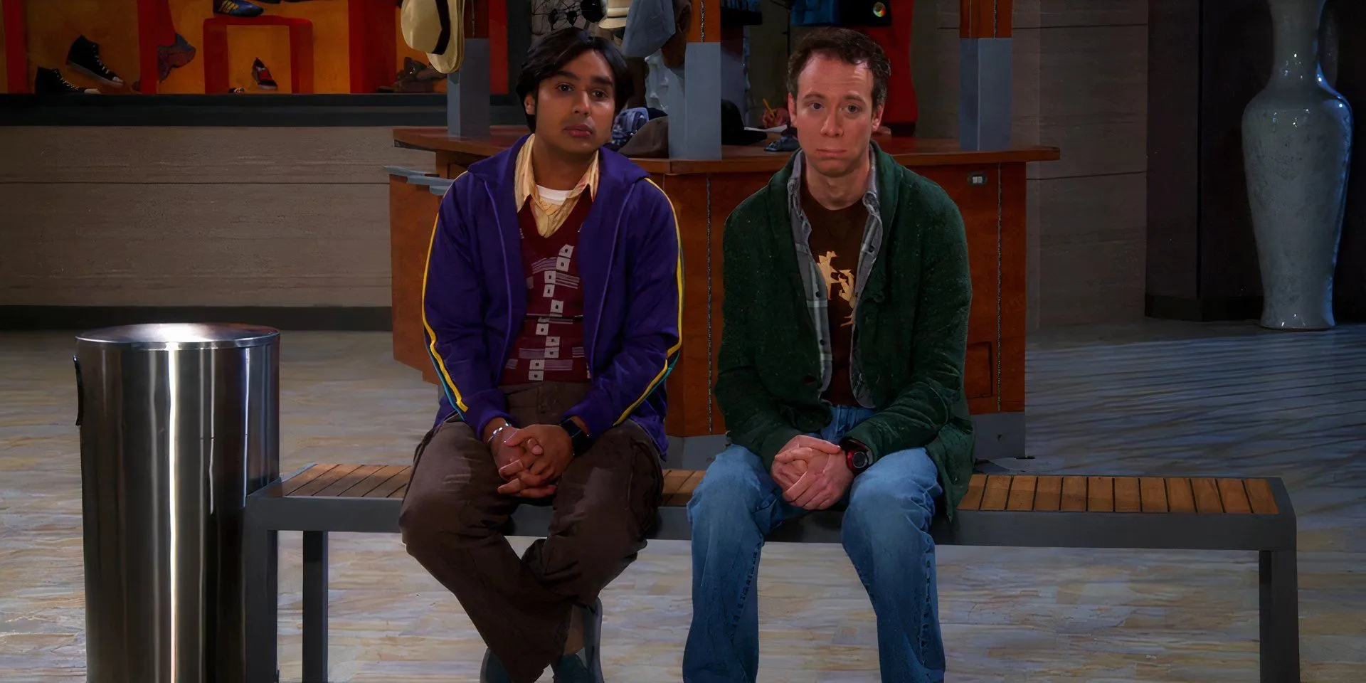 Raj and Stuart on a mall bench