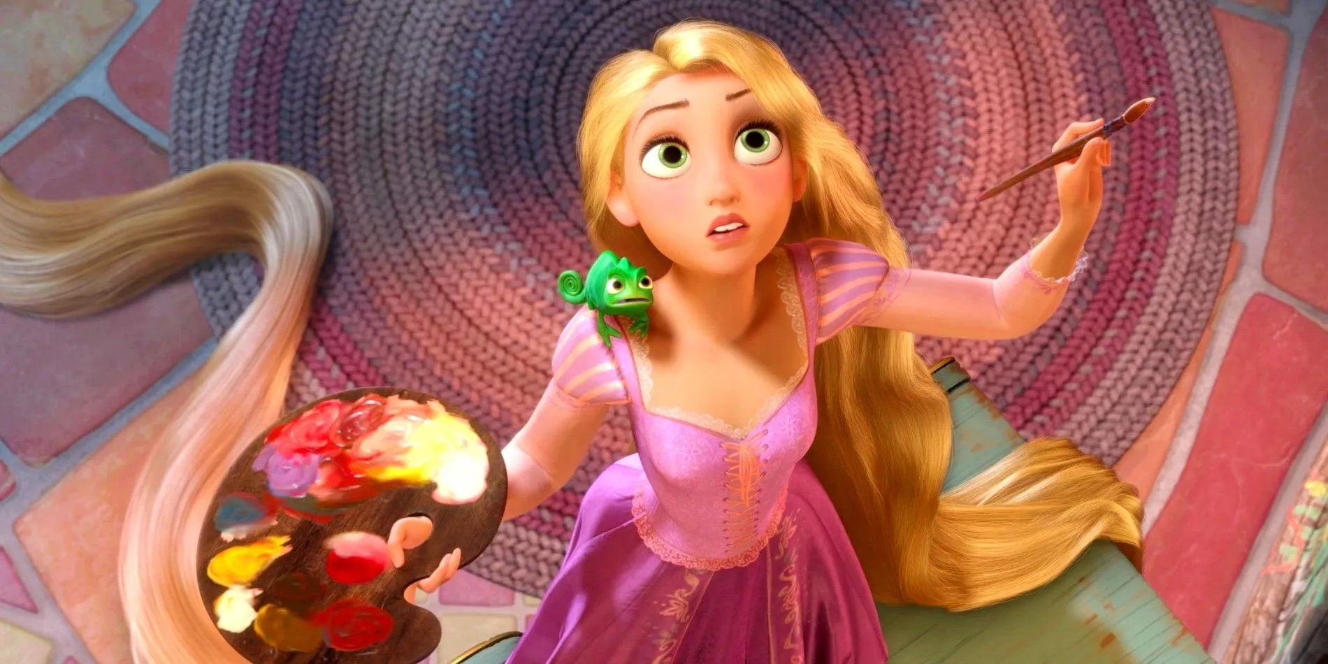 Rapunzel staring up at the wall with her paint supplies in hand in Tangled Rapunzel staring up at the wall with her paint supplies in hand in Tangled