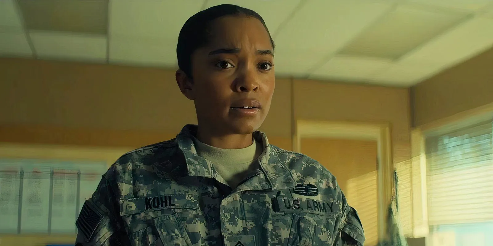Mariah Robinson looking concerned as Dominique Kohl in Reacher season 3, episode 4 Mariah Robinson looking concerned as Dominique Kohl in Reacher season 3, episode 4