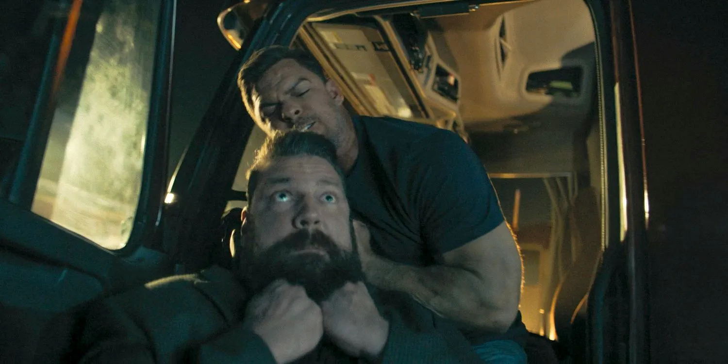 Jack Reacher (Alan Ritchson) strangling Paulie (Olivier Richters) in Reacher Season 3 Episode 8 Jack Reacher (Alan Ritchson) strangling Paulie (Olivier Richters) in Reacher Season 3 Episode 8