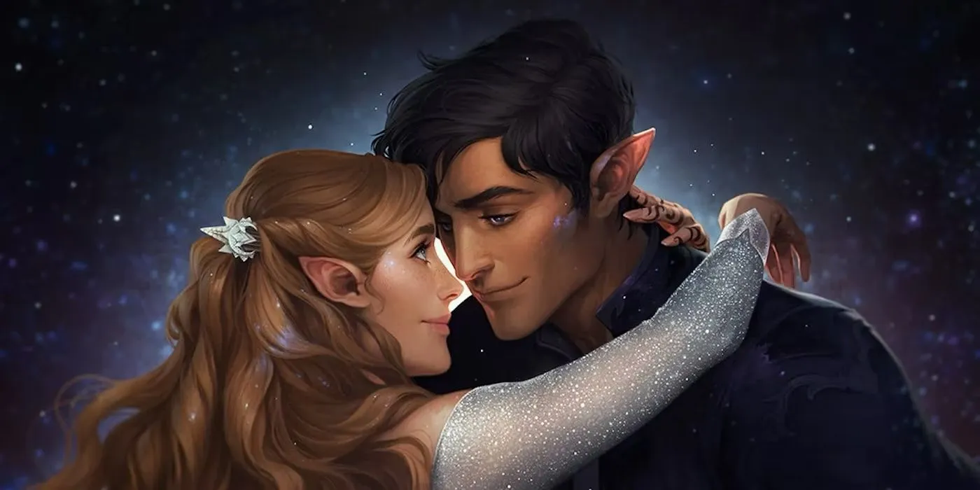 Rhysand and Feyre embracing in A Court of Thorns and Roses. Rhysand and Feyre embracing in A Court of Thorns and Roses.