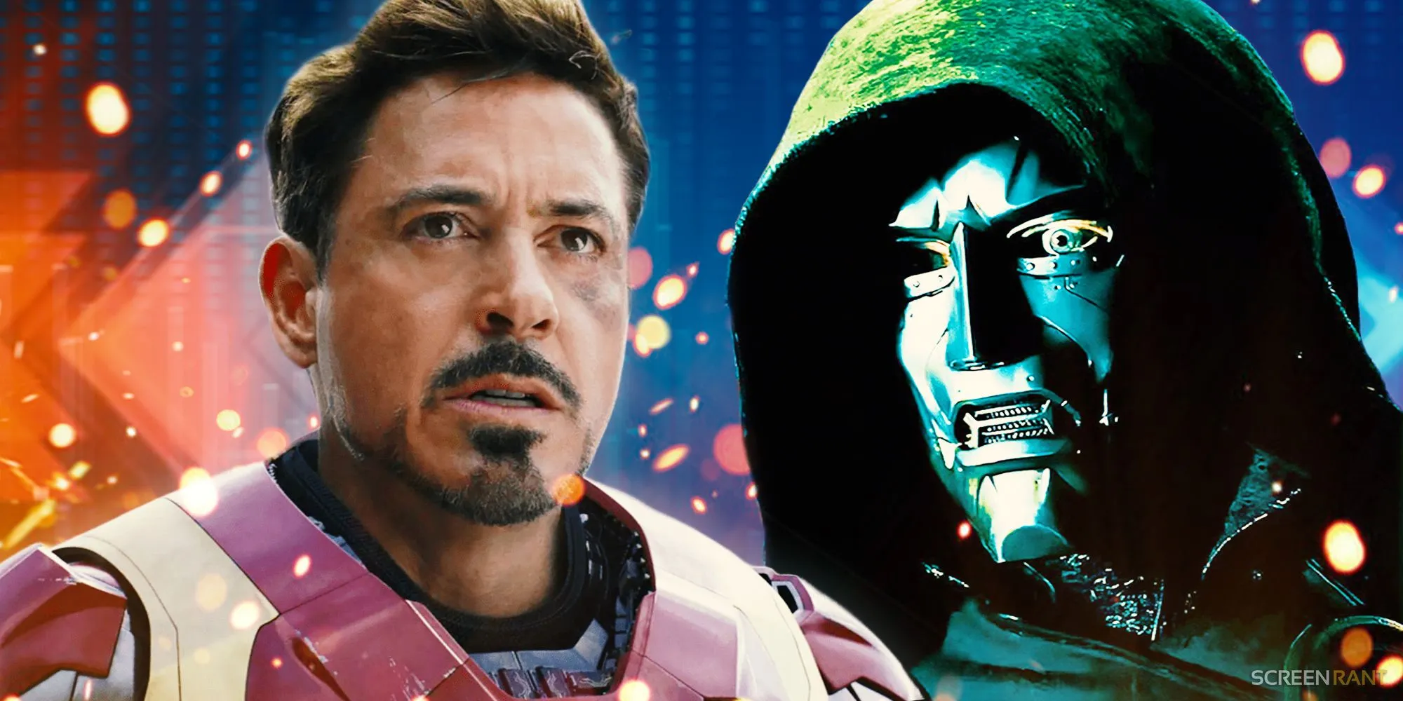 Robert Downey Jr.'s beat-up Iron Man next to Doctor Doom from Fox's Fantastic Four