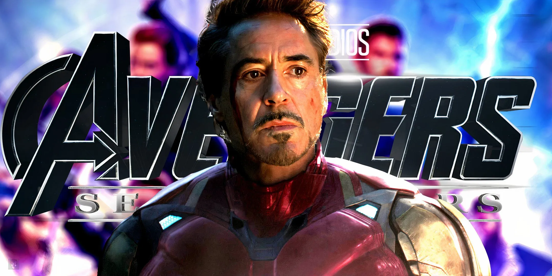Tony Stark with Avengers background