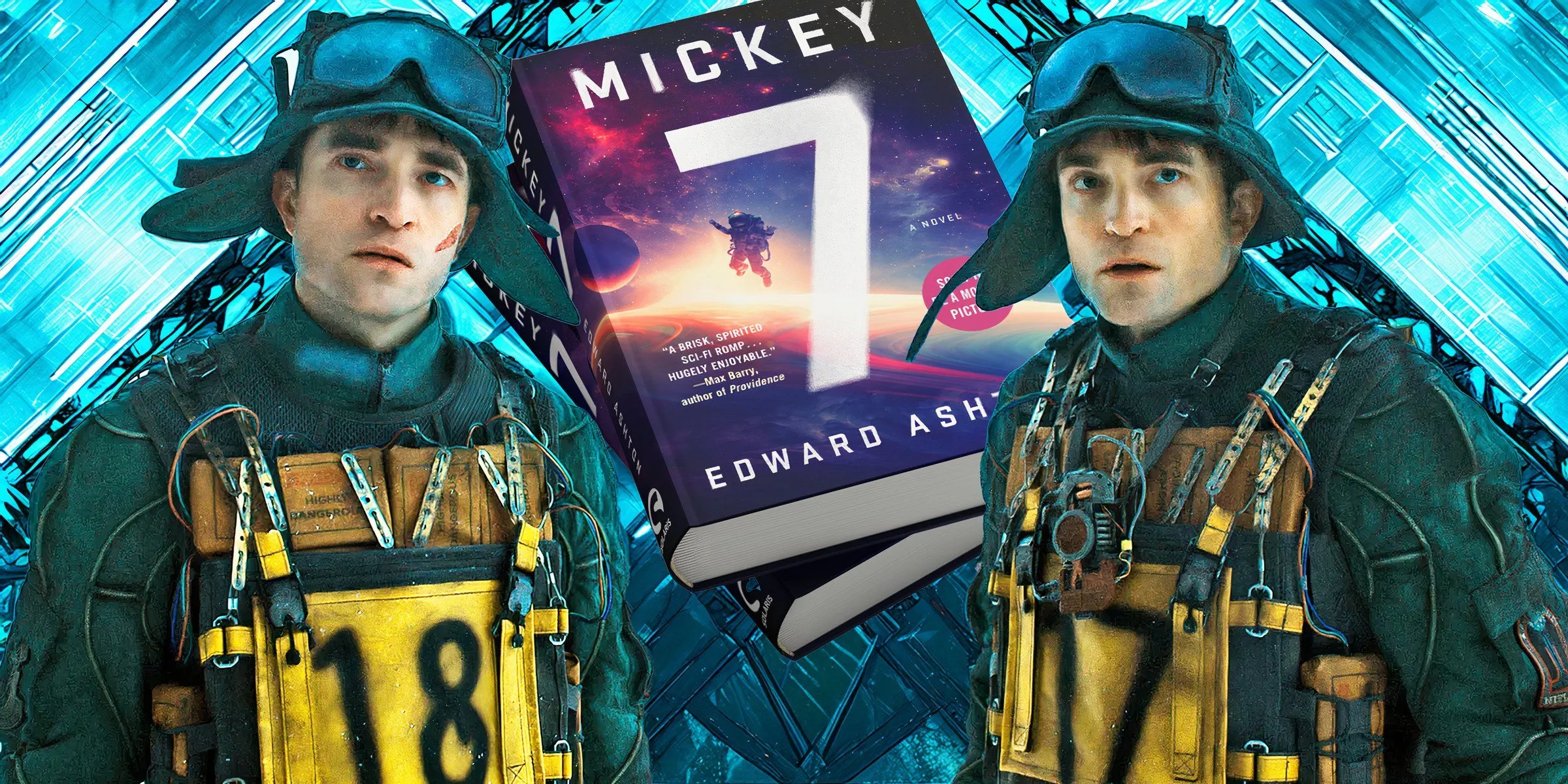 Robert Pattinson in Mickey 17 with Mickey 7 book