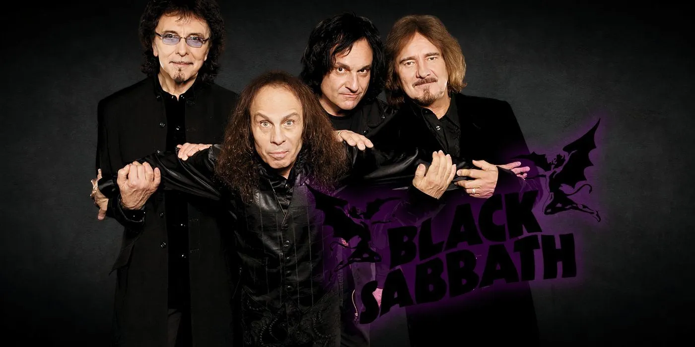 The band Black Sabbath alongside their logo The band Black Sabbath alongside their logo