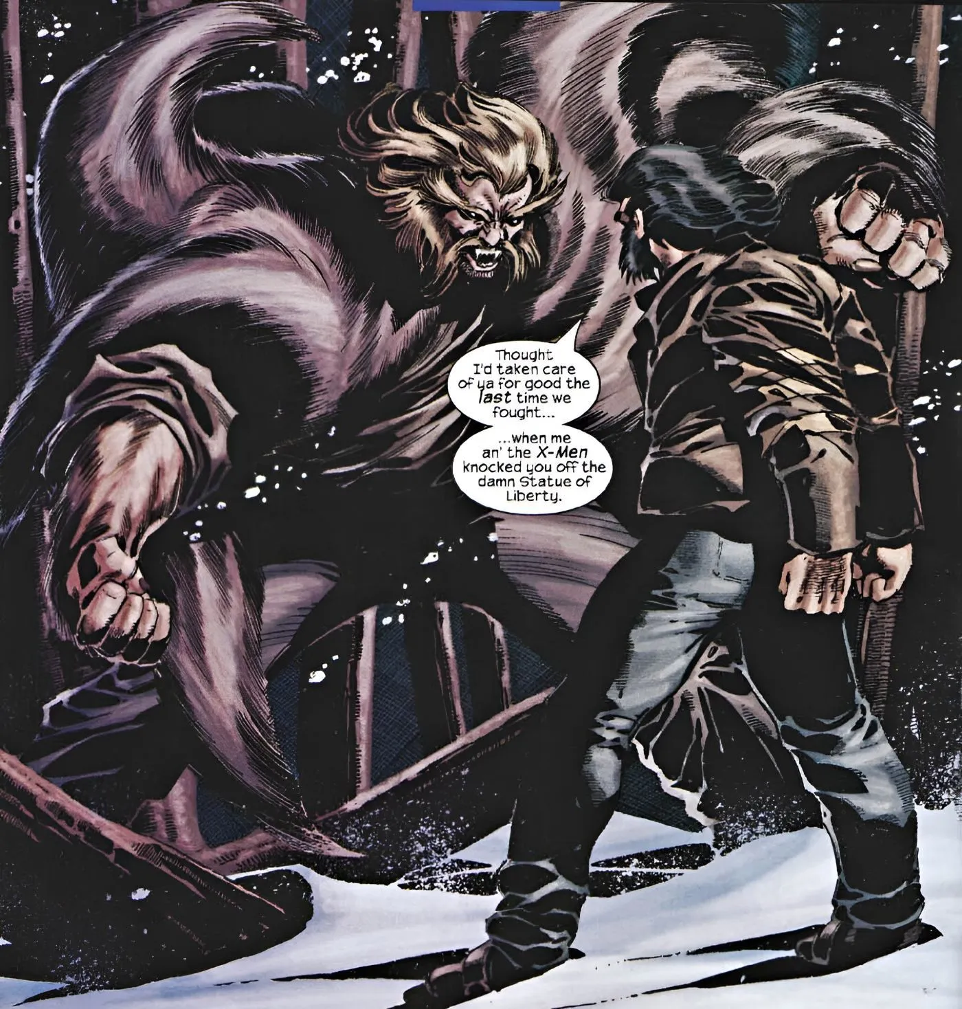 Wolverine and Sabretooth fight in the woods Wolverine and Sabretooth fight in the woods