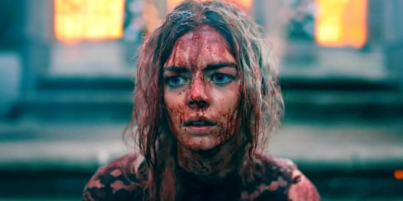 Samara Weaving as Grace with a bloody face sitting outside the burning house in Ready or Not Samara Weaving as Grace with a bloody face sitting outside the burning house in Ready or Not