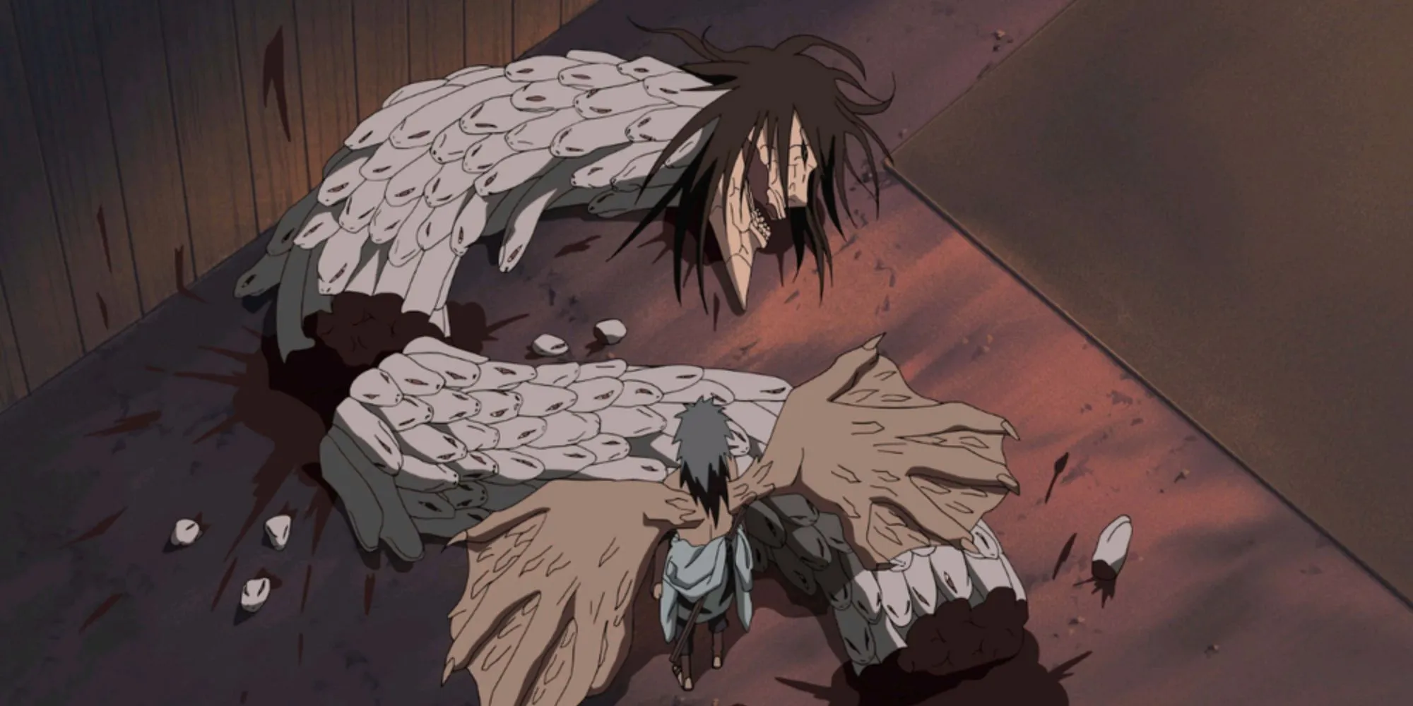 Sasuke defeats Orochimaru. Sasuke defeats Orochimaru.