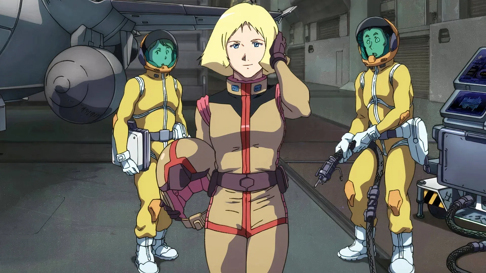 Sayla Mass from Gundam smiling and holding helmet