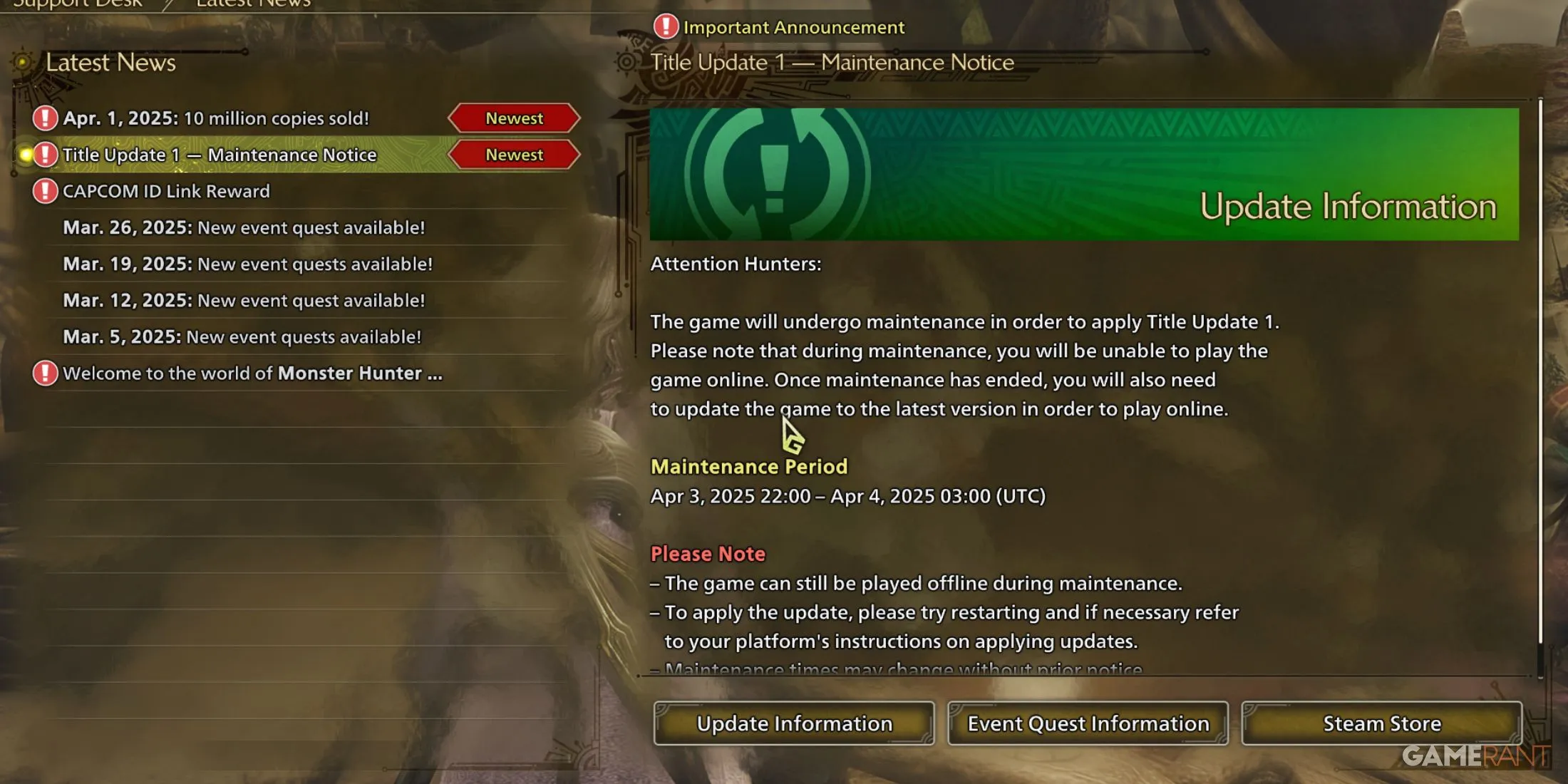 Scheduled maintenance for Monster Hunter Wilds on April 3 Scheduled maintenance for Monster Hunter Wilds on April 3