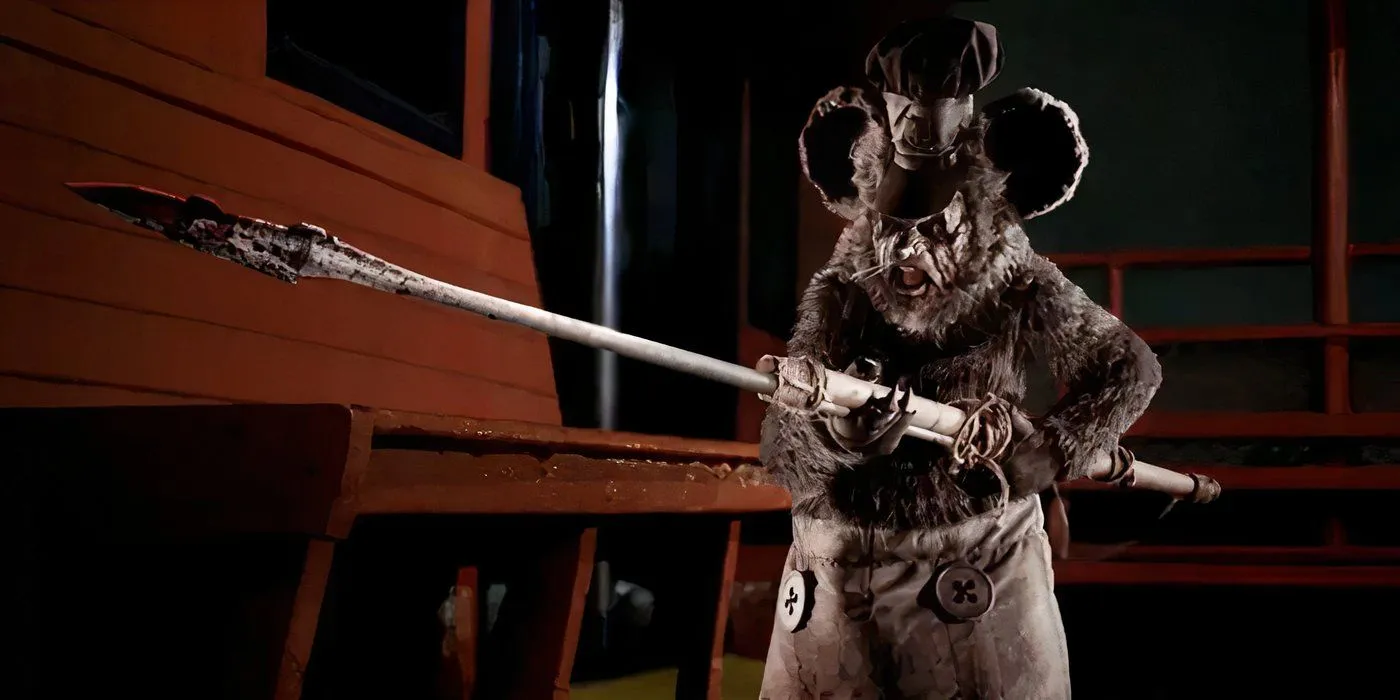 A dark, realistic portrayal of Mickey Mouse brandishing a harpoon. A dark, realistic portrayal of Mickey Mouse brandishing a harpoon.