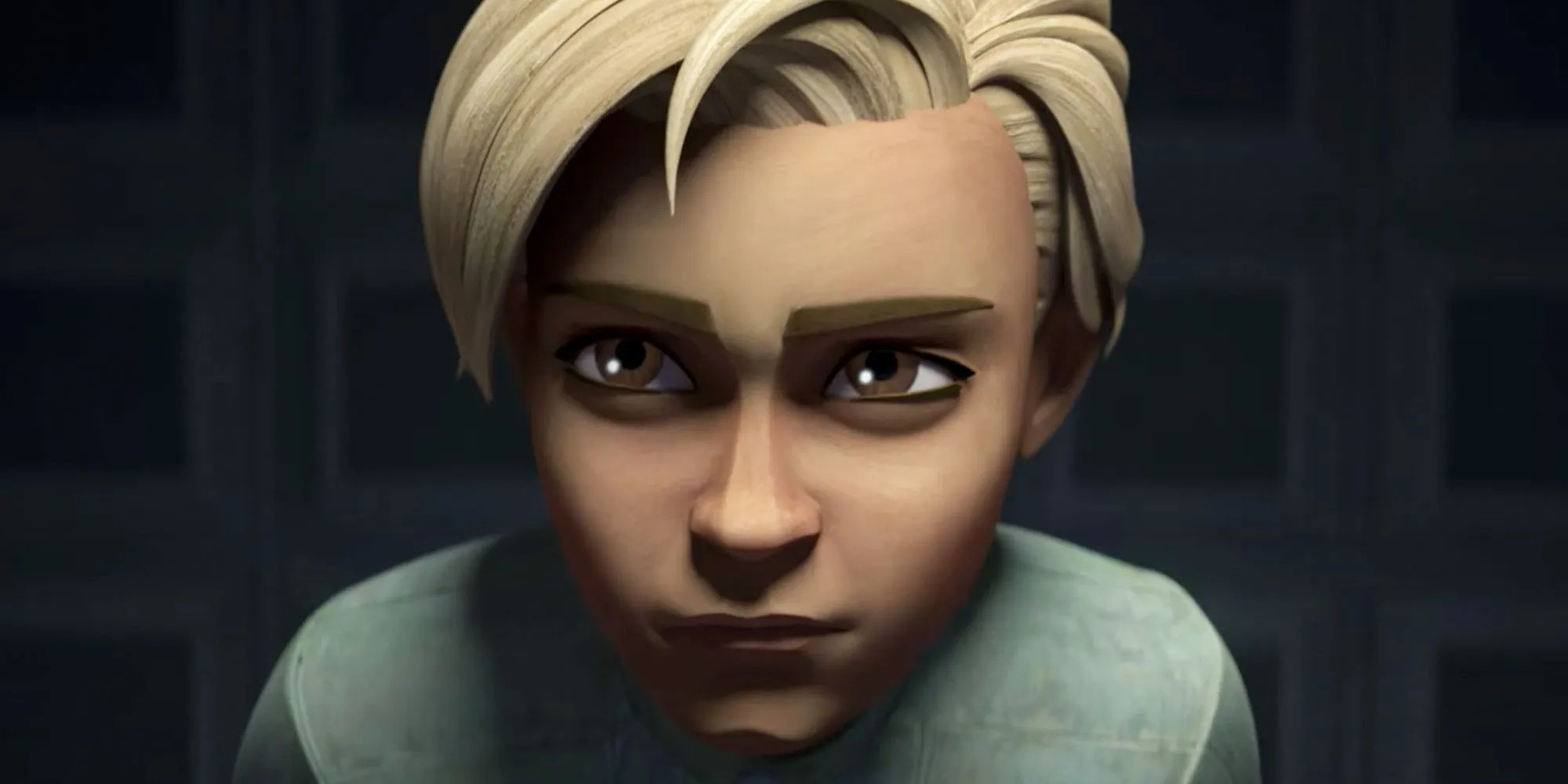 Omega smirking in her prisoner outfit