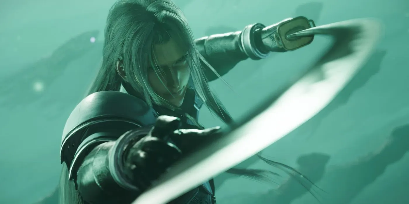 Sephiroth poised in Final Fantasy 7 Rebirth. Sephiroth poised in Final Fantasy 7 Rebirth.