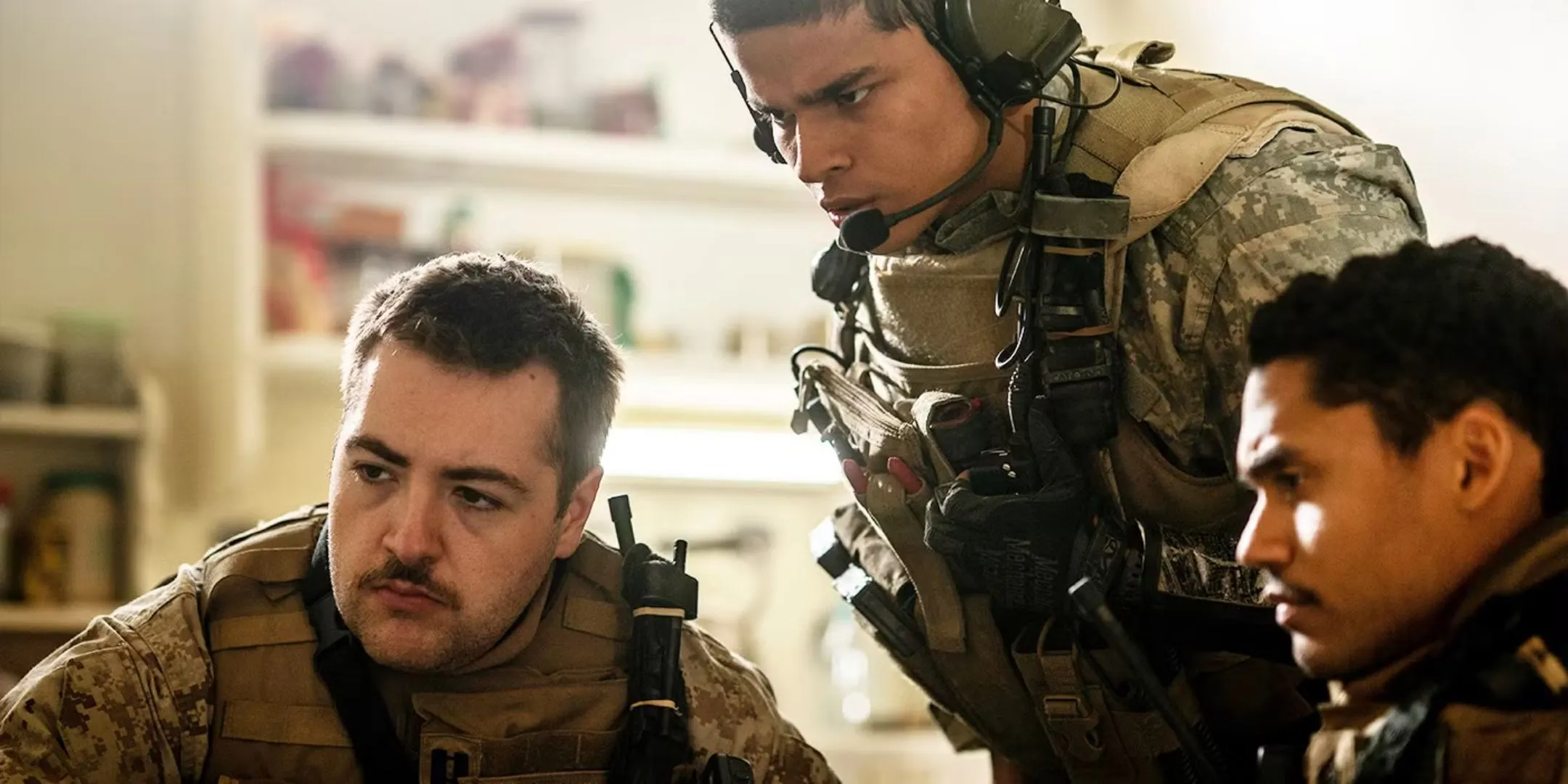 D'Pharaoh Woon-A-Tai, Michael Gandolfini, and Charles Melton as Ray Mendoza, Lt. McDonald, and Jake in Warfare D'Pharaoh Woon-A-Tai, Michael Gandolfini, and Charles Melton as Ray Mendoza, Lt. McDonald, and Jake in Warfare