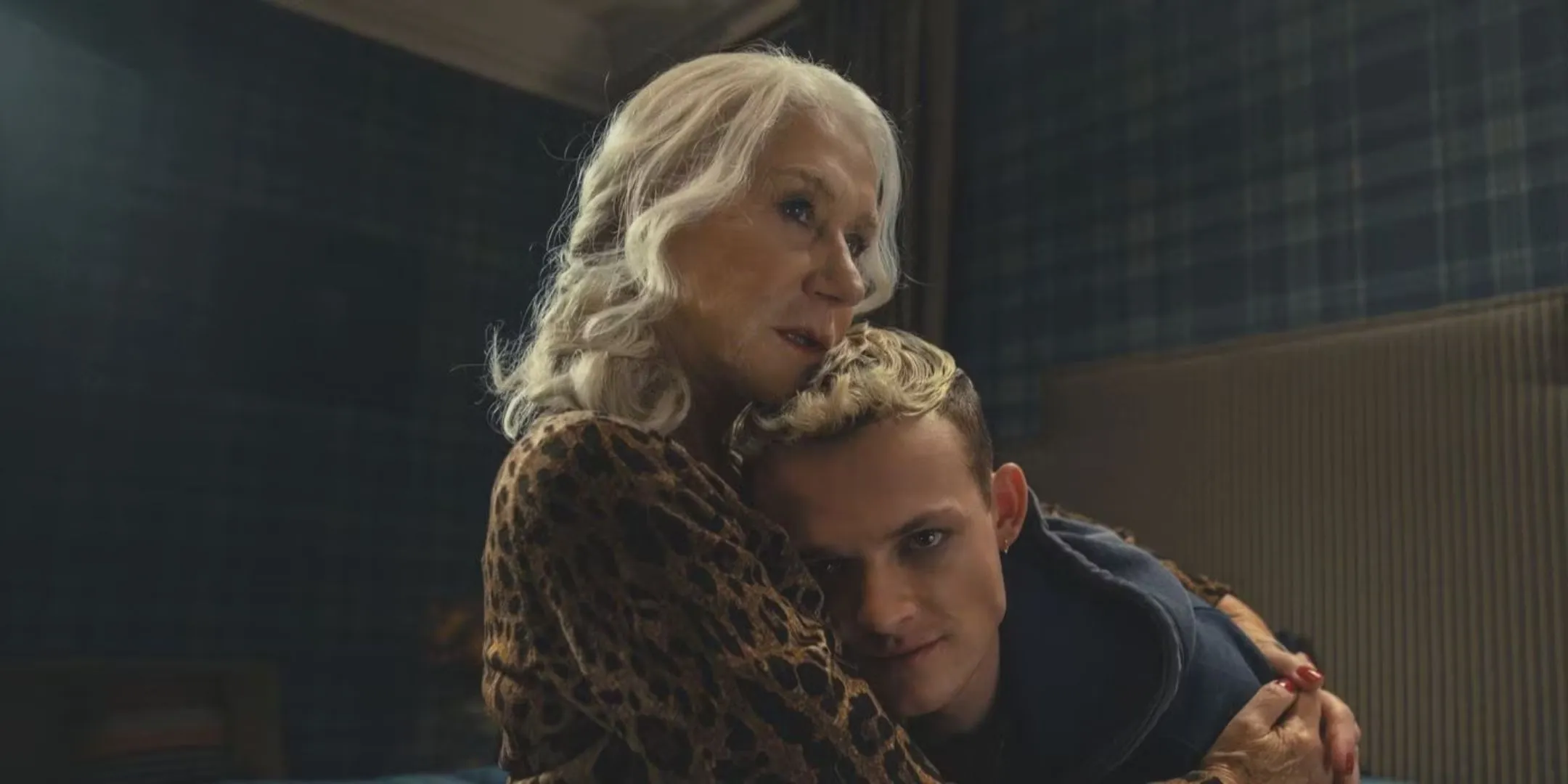 Helen Mirren as Maeve hugging Anson Boon as Eddie Harrigan in MobLand