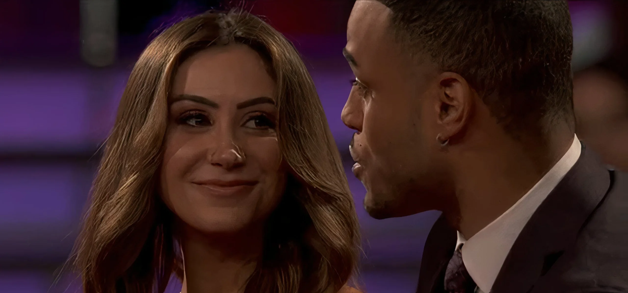 A close up of Juliana Pasquarosa smiling at Grant Ellis on The Bachelor A close up of Juliana Pasquarosa smiling at Grant Ellis on The Bachelor
