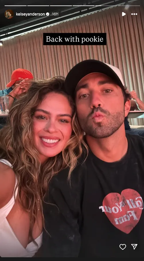 An Instagram story of Joey Graziadei and Kelsey Anderson smiling at the camera with the caption 