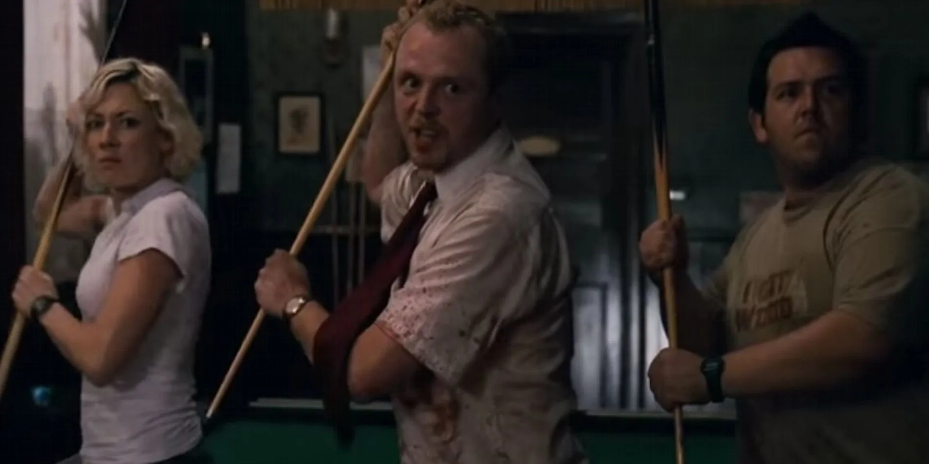 Shaun, Ed, and Liz with pool cues in Shaun of the Dead Shaun, Ed, and Liz with pool cues in Shaun of the Dead