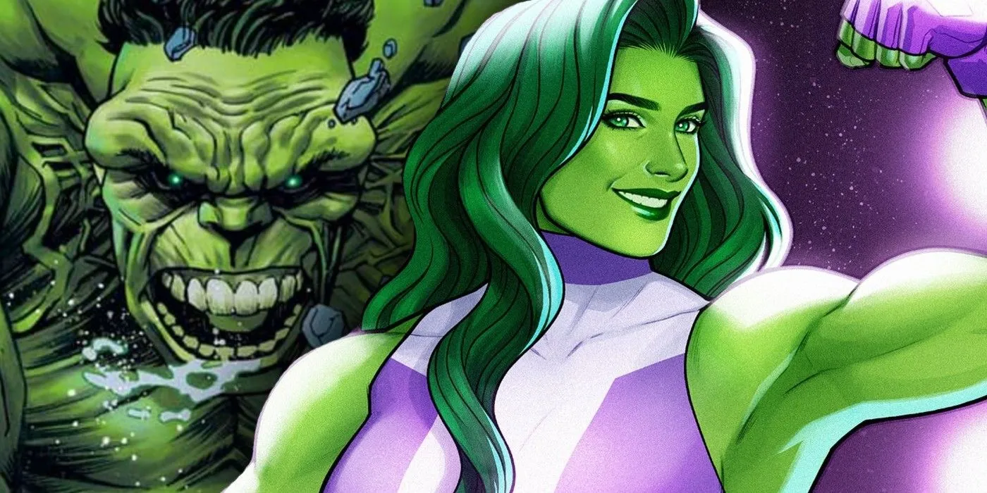 She-Hulk looking cool while Hulk rages in the background