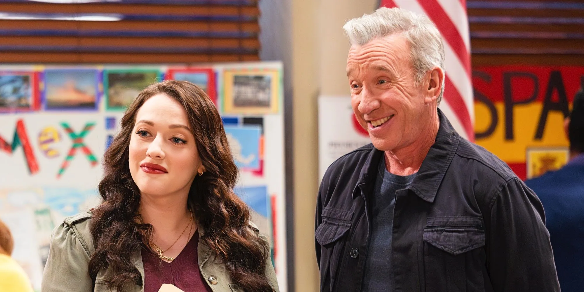 Kat Dennings as Riley and Tim Allen as Matt in Shifting Gears. Kat Dennings as Riley and Tim Allen as Matt in Shifting Gears.