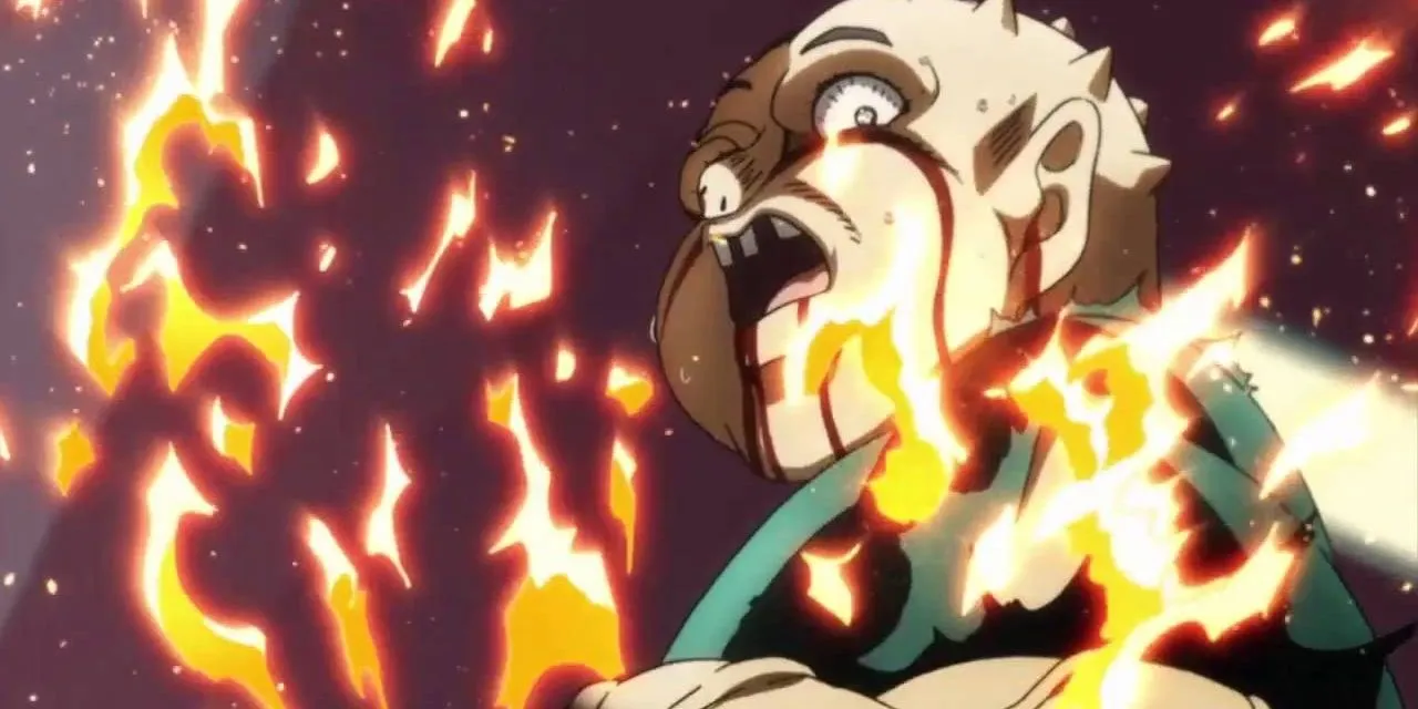 Shigechi's body is covered by flames