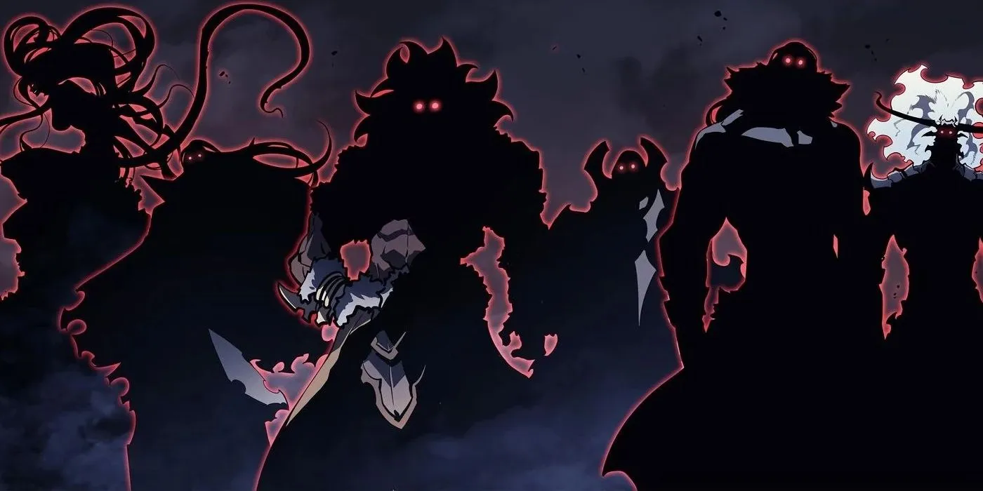 Silhouettes of the monarchs in Solo Leveling