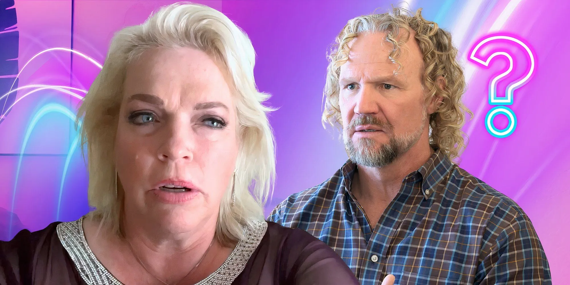 Sister Wives Janelle Brown with Kody Brown in the background and surrounded by question marks