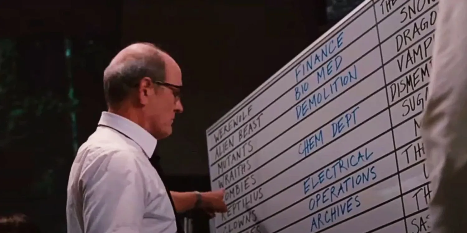 Sitterson points to the word zombie on the whiteboard in The Cabin in the Woods