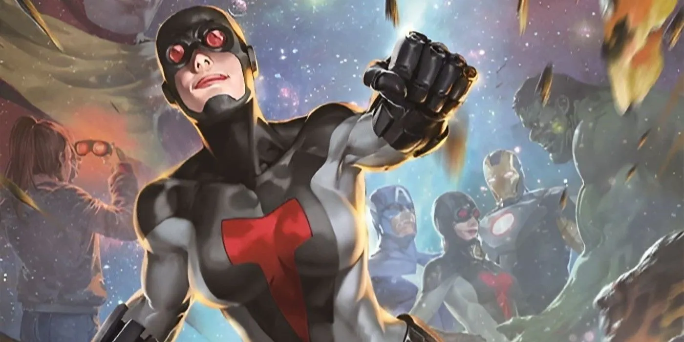 Smasher flies through space while visions of the Avengers appear behind her. Smasher flies through space while visions of the Avengers appear behind her.