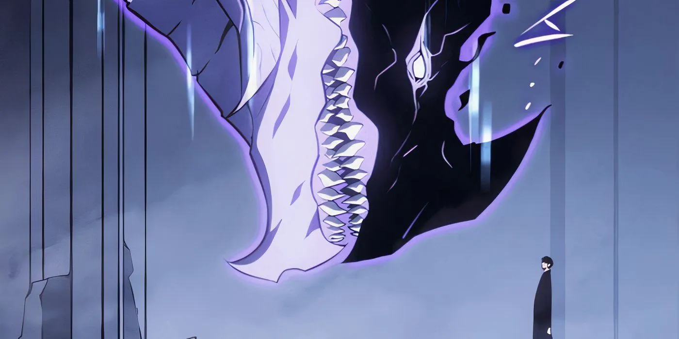 Shadow Kamish bowing his head to Sung Jinwoo in the Solo Leveling manhwa.