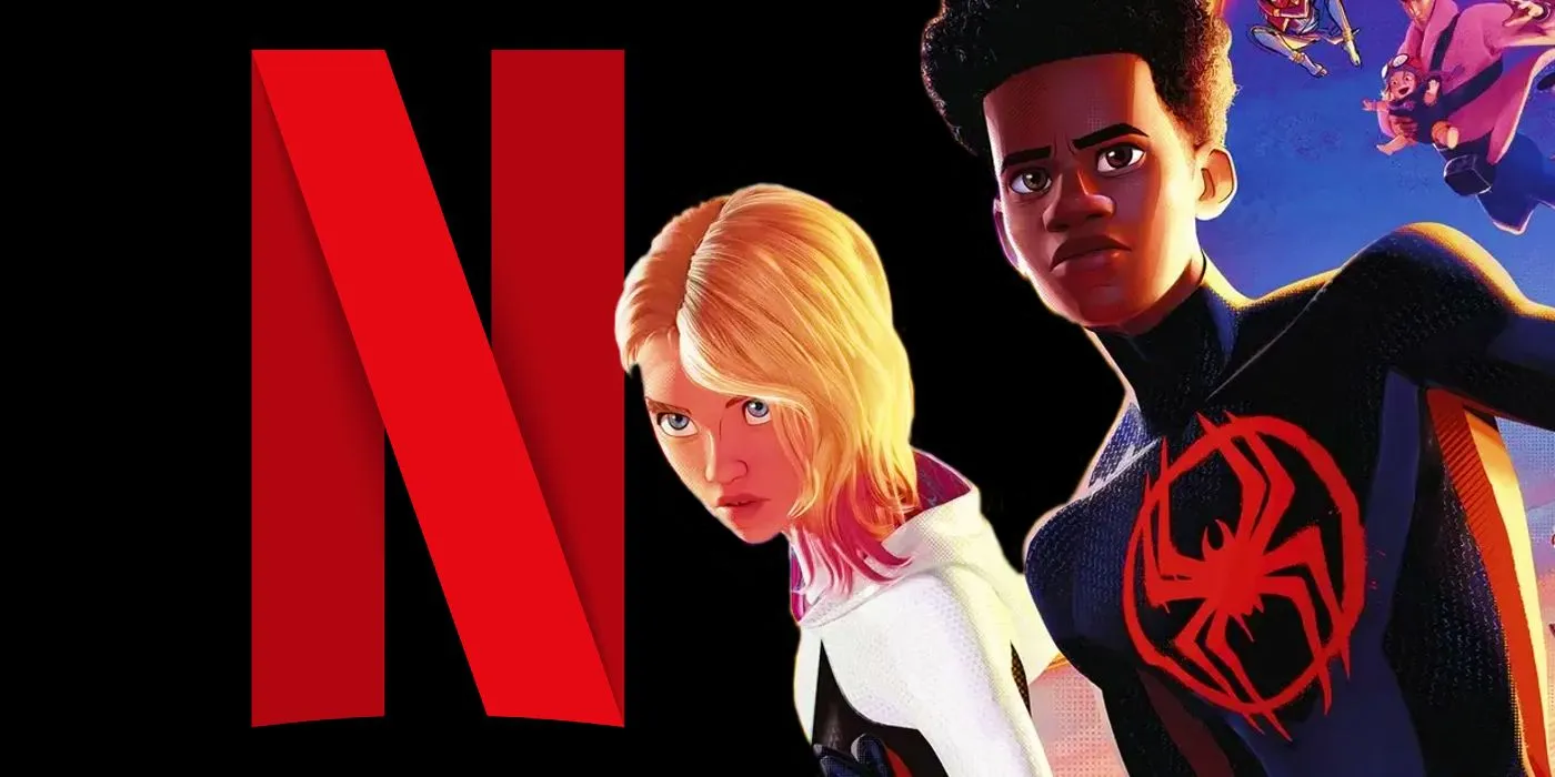 Gwen and Miles from Spider-Man: Across the Spider-Verse next to the Netflix logo Gwen and Miles from Spider-Man: Across the Spider-Verse next to the Netflix logo