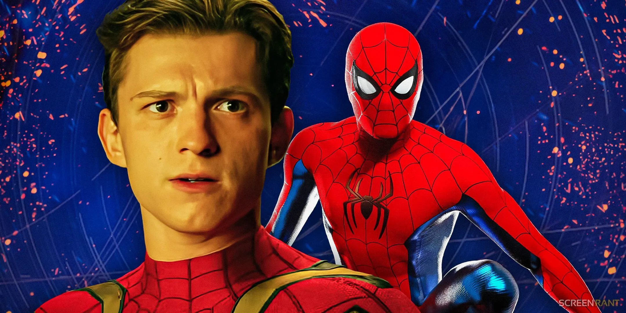 Spider-Man’s red and blue suit from No Way Home with Tom Holland’s surprised expression