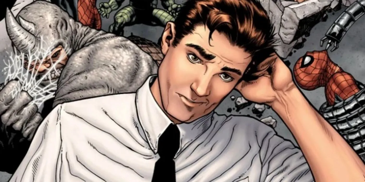 Peter Parker in business attire contemplating his struggles Peter Parker in business attire contemplating his struggles