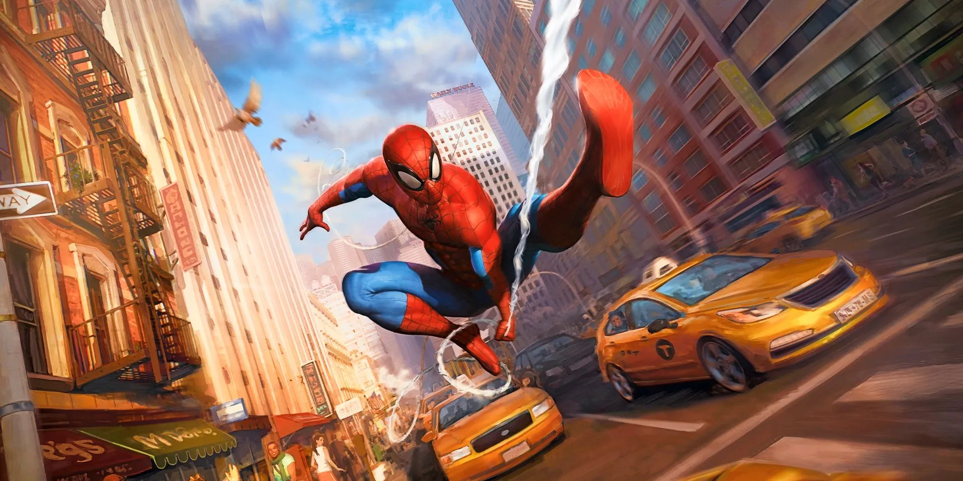 Spider-Man swinging through a city street in Magic: The Gathering art by Javier Charro. Spider-Man swinging through a city street in Magic: The Gathering art by Javier Charro.
