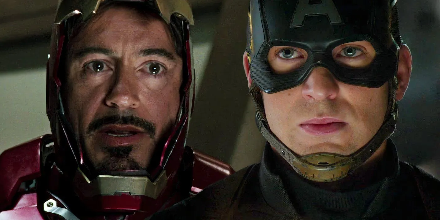 Split image of Robert Downey Jr's Iron Man in Iron Man (2008) on the left, Chris Evans' Captain America in Captain America Civil War (2016) on the right Split image of Robert Downey Jr's Iron Man in Iron Man (2008) on the left, Chris Evans' Captain America in Captain America Civil War (2016) on the right