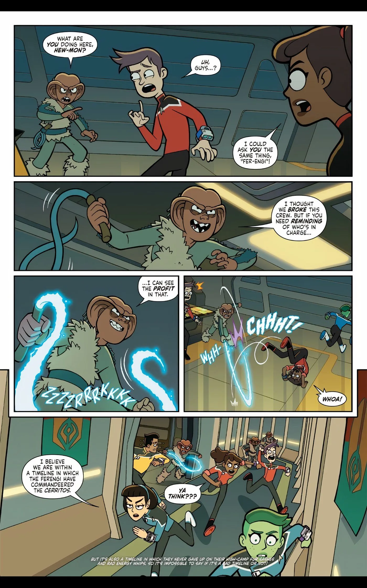 Five panels of the Cerritos crew running from Ferengi Five panels of the Cerritos crew running from Ferengi