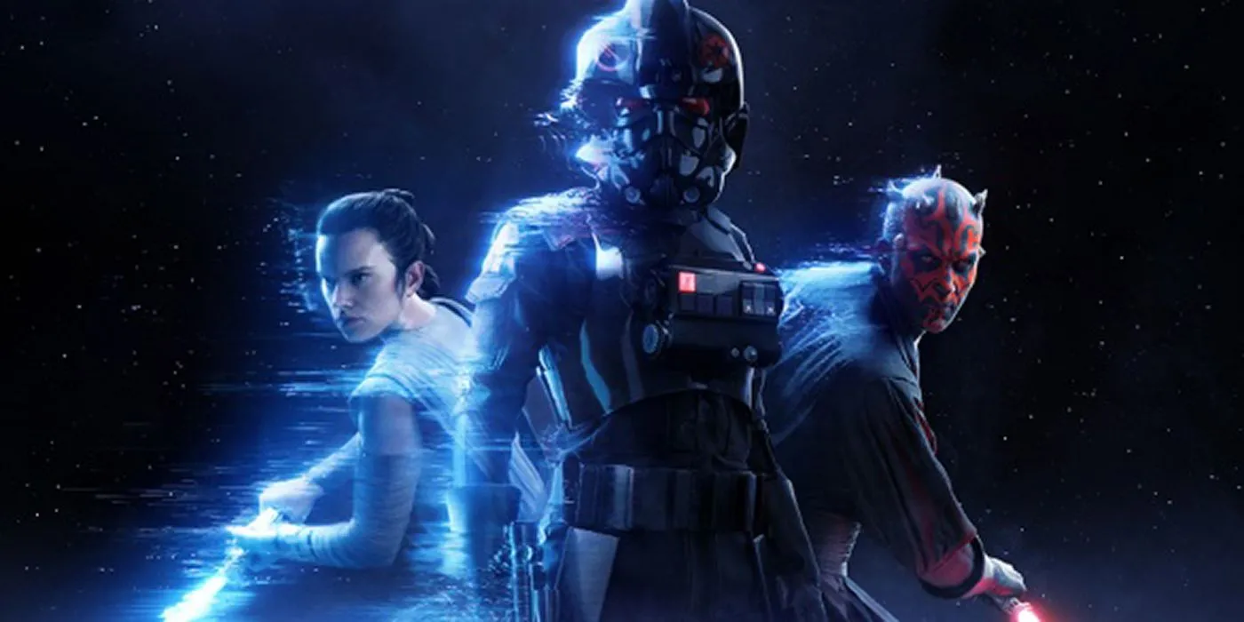 Battlefront II에서 Inferno Trooper 양쪽에 있는 배경에 있는 Rey와 Darth Maul Battlefront II에서 Inferno Trooper 양쪽에 있는 배경에 있는 Rey와 Darth Maul