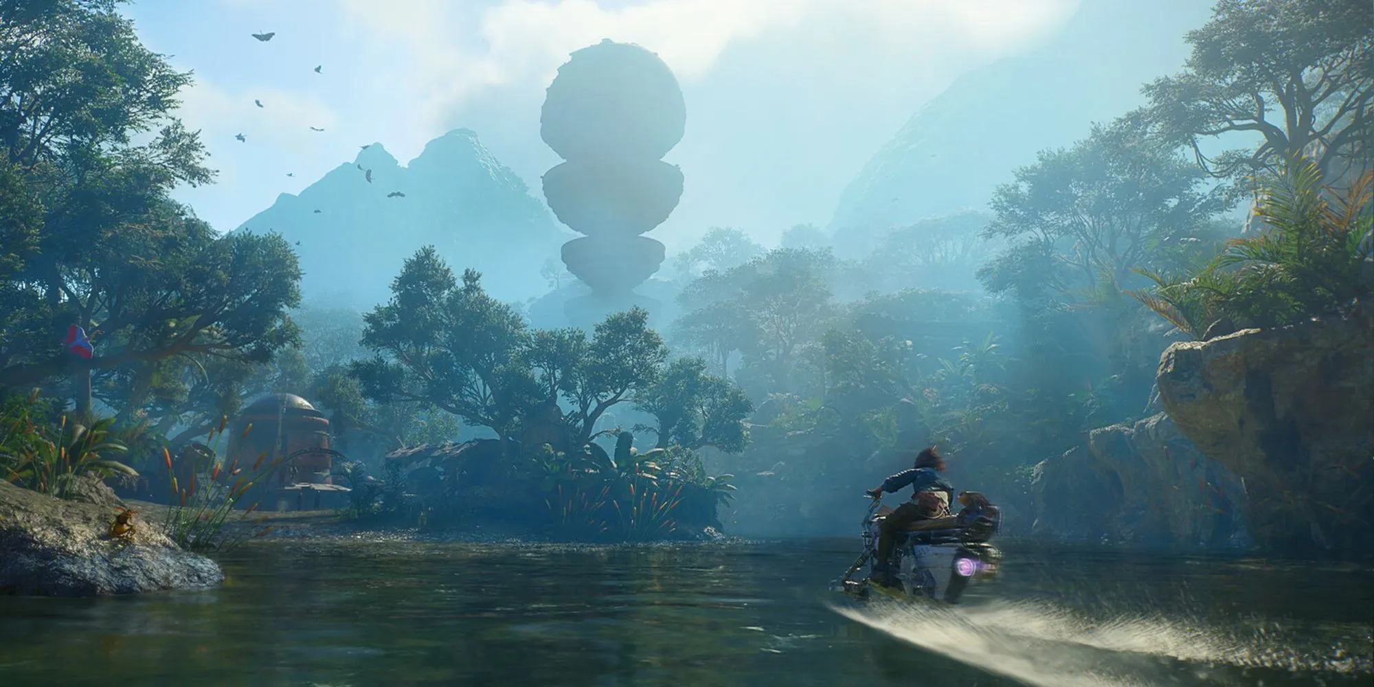 A Speeder racing across the water in Star Wars Outlaws.