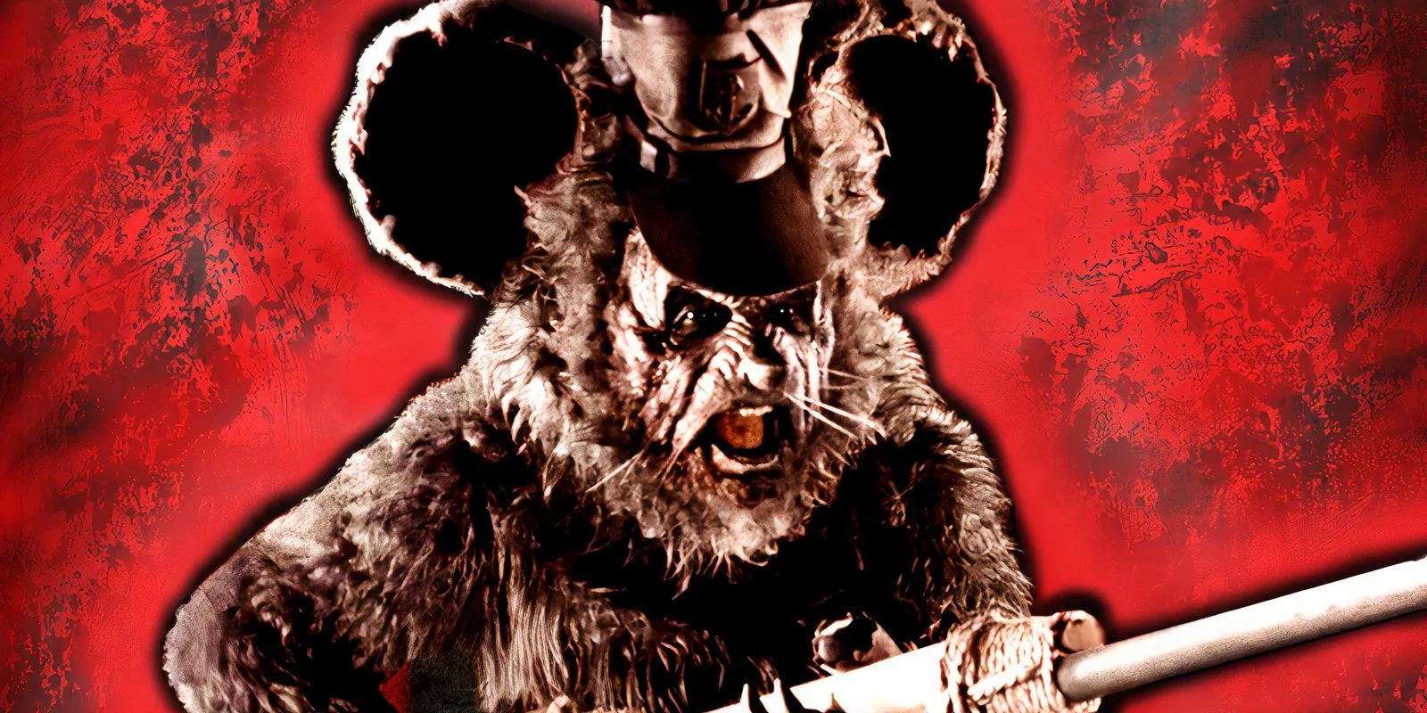 Blood red backdrop with Steamboat Willie in focus