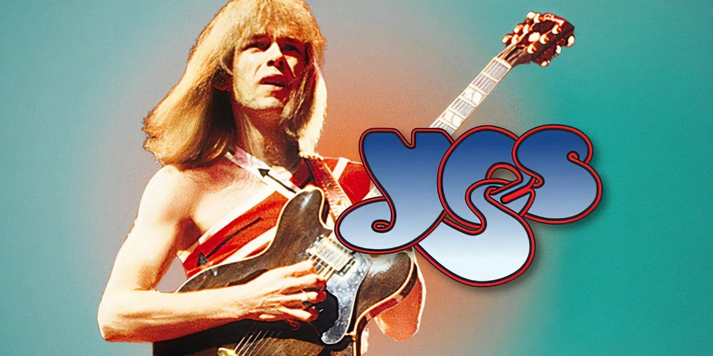 Guitarist Steve Howe alongside the Yes band logo