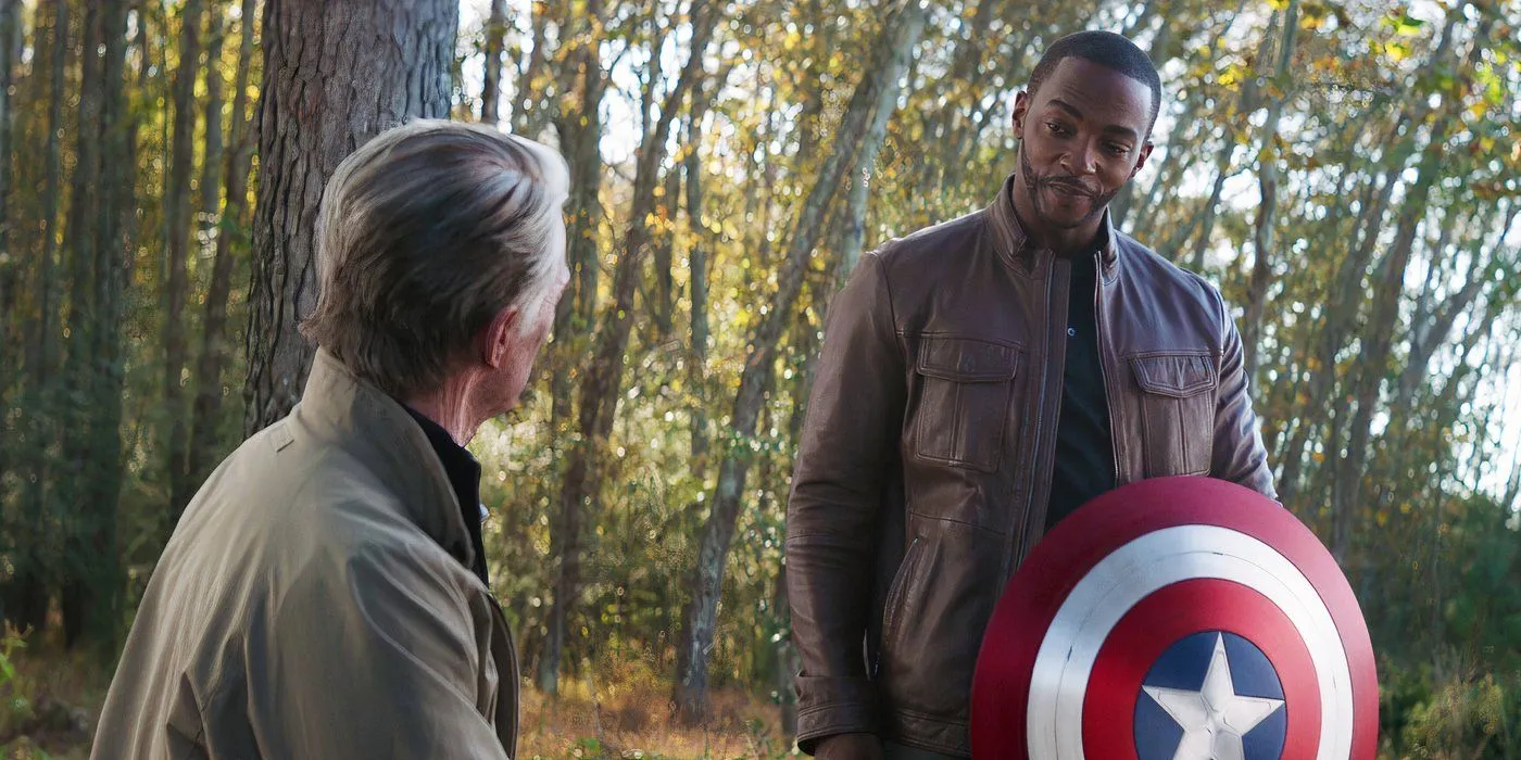 Steve Rogers passing Sam Wilson the shield in Avengers Endgame Steve Rogers passing Sam Wilson the shield in Avengers Endgame
