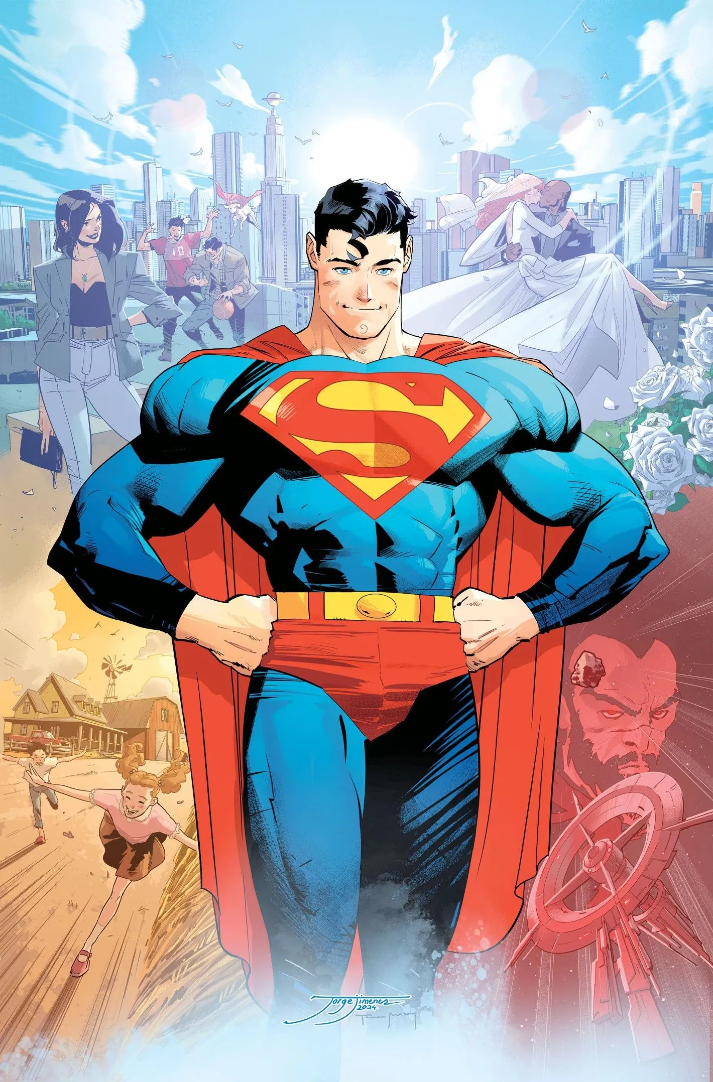 Superman statue with blue sky background Superman statue with blue sky background