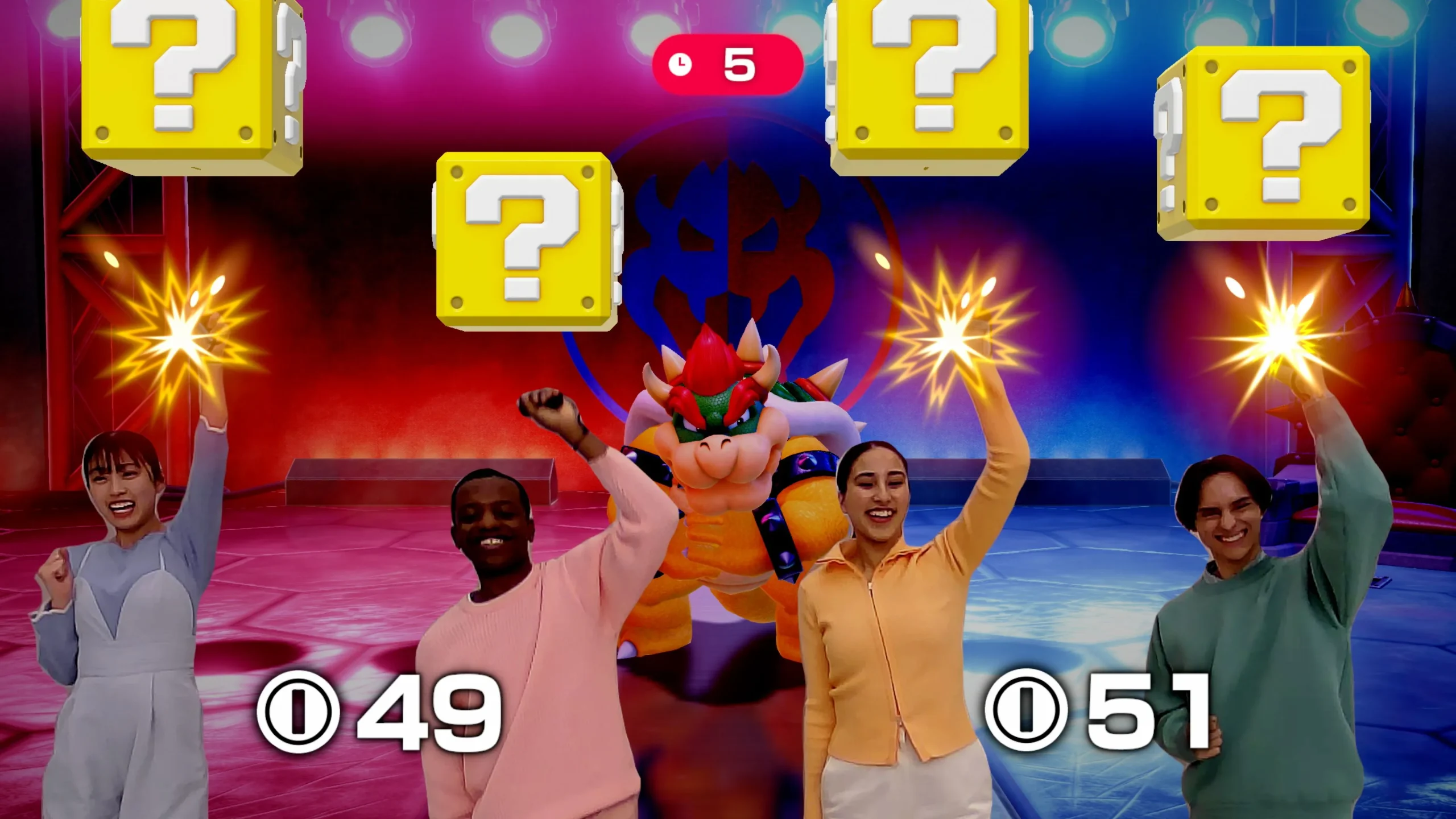 Super Mario Party featuring players engaging with ? blocks on Nintendo Switch 2.
