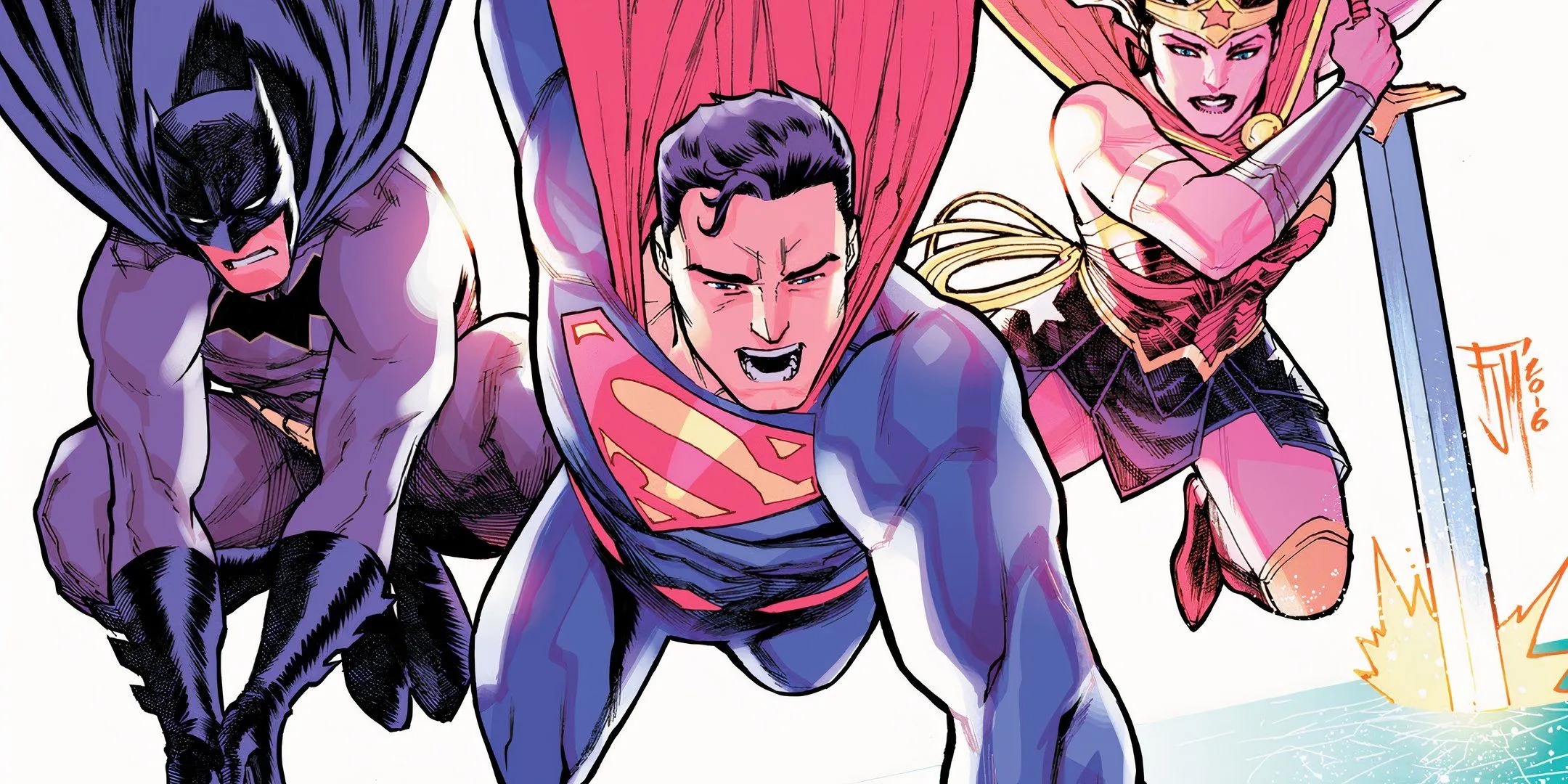 Superman Batman and Wonder Woman Fighting Together DC