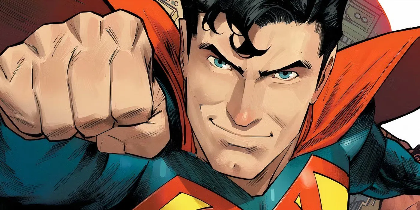 Comic book art: Superman flying up with his arm out in DC comics
