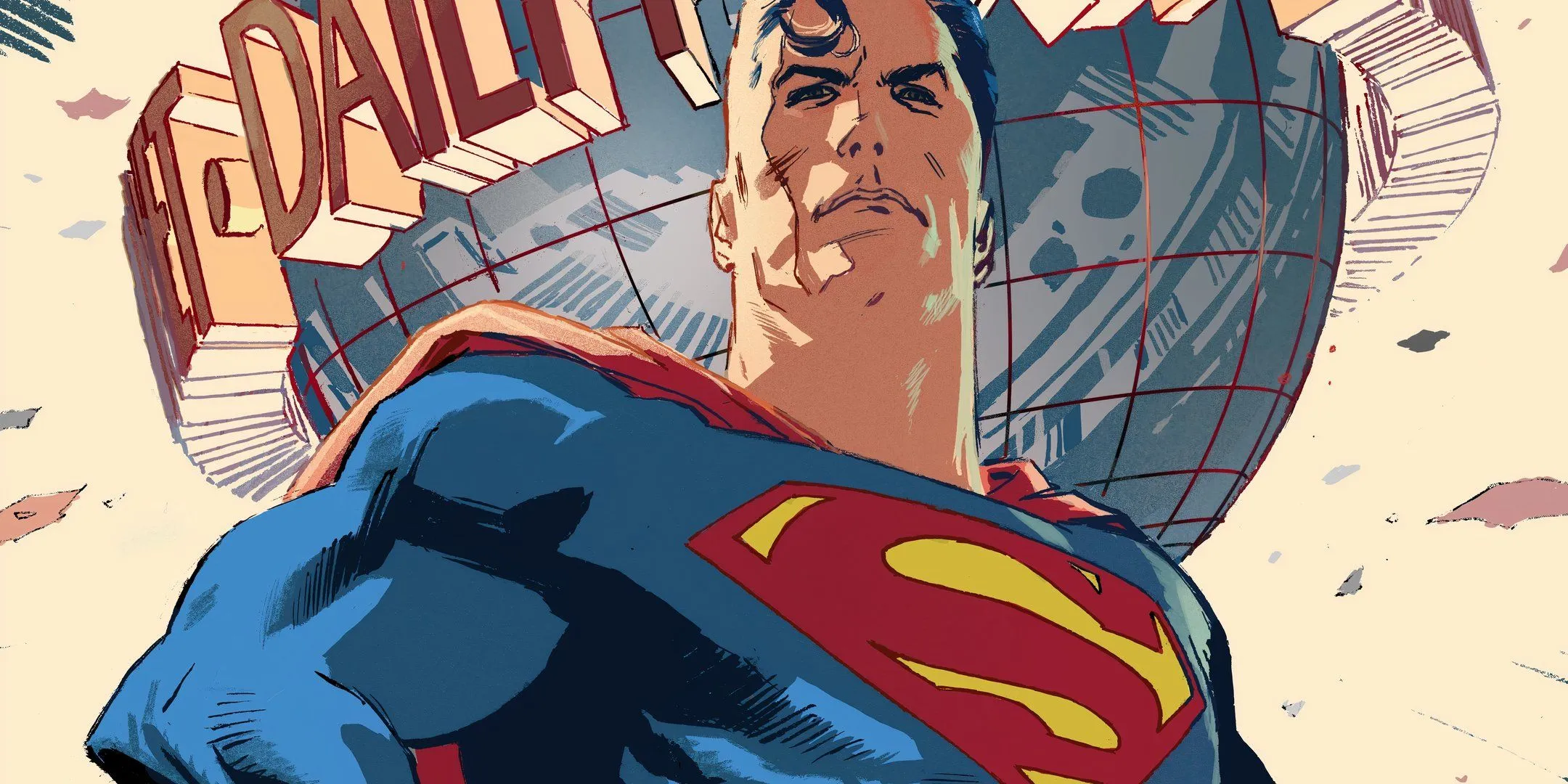 Comic book art: Superman looking confident with the Daily Planet logo behind him Comic book art: Superman looking confident with the Daily Planet logo behind him
