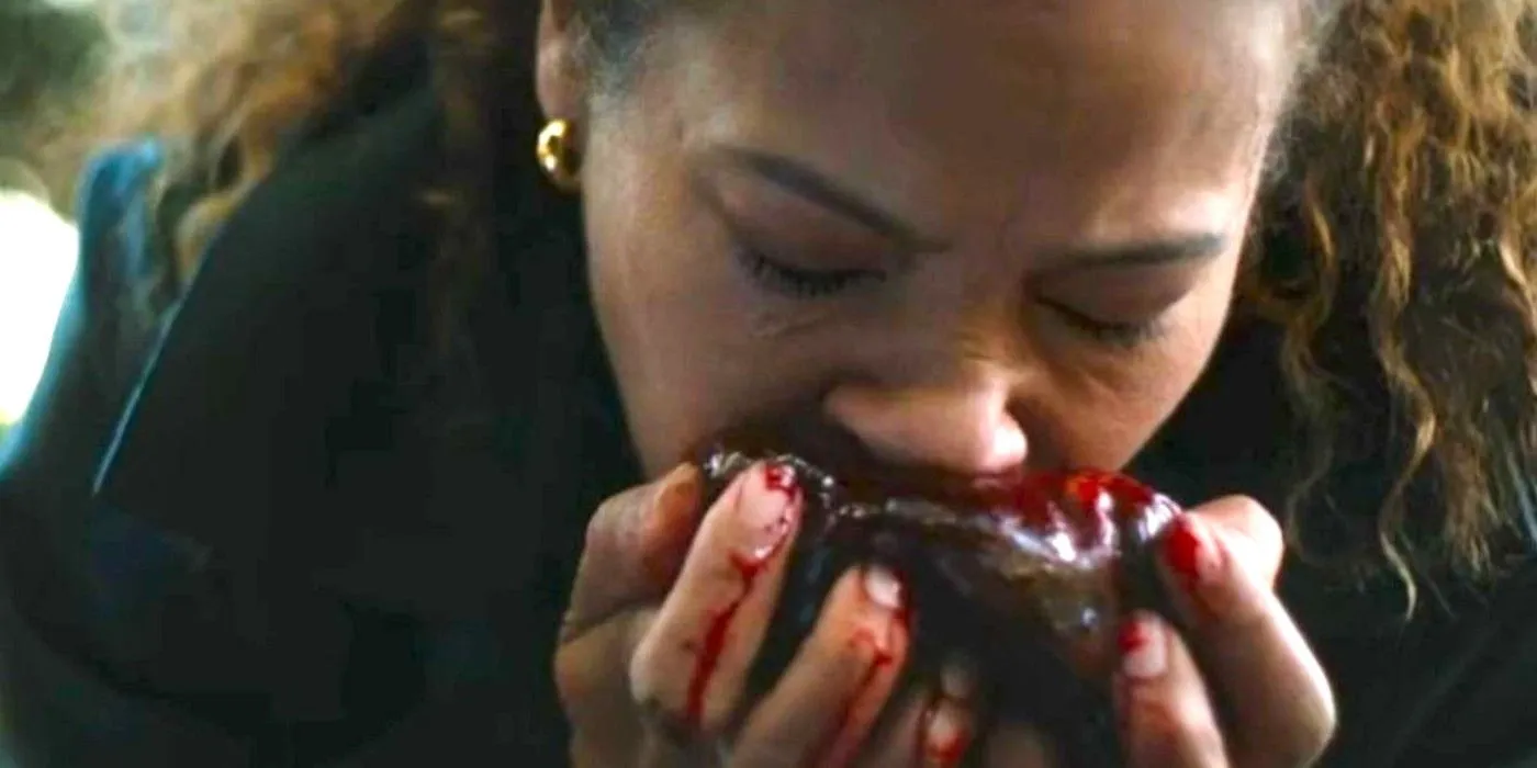 Adult Tai consuming Van's heart in Yellowjackets season 3, episode 10 Adult Tai consuming Van's heart in Yellowjackets season 3, episode 10