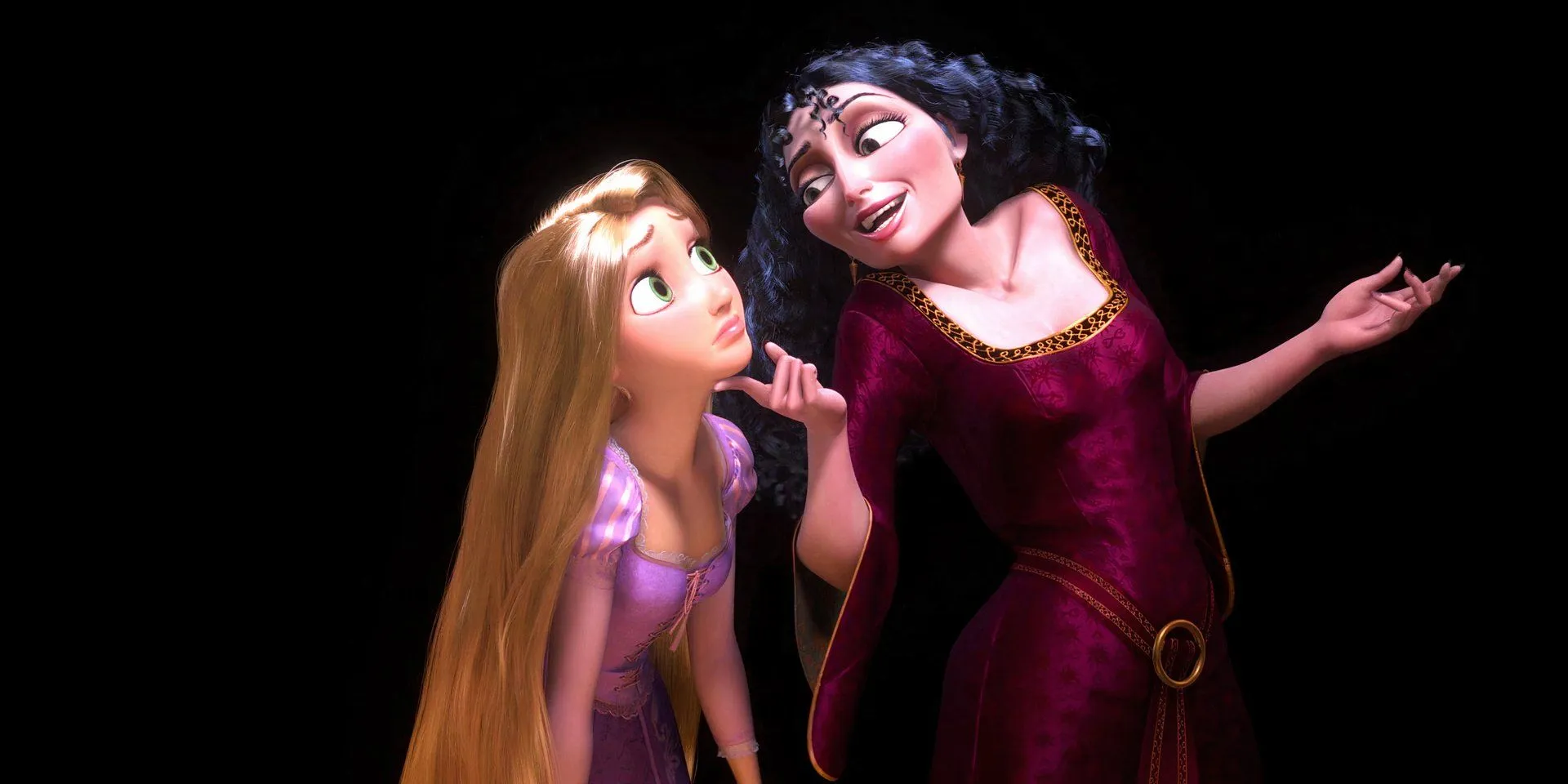 Mother Gothel touching Rapunzel's chin while singing Mother Knows Best in Tangled