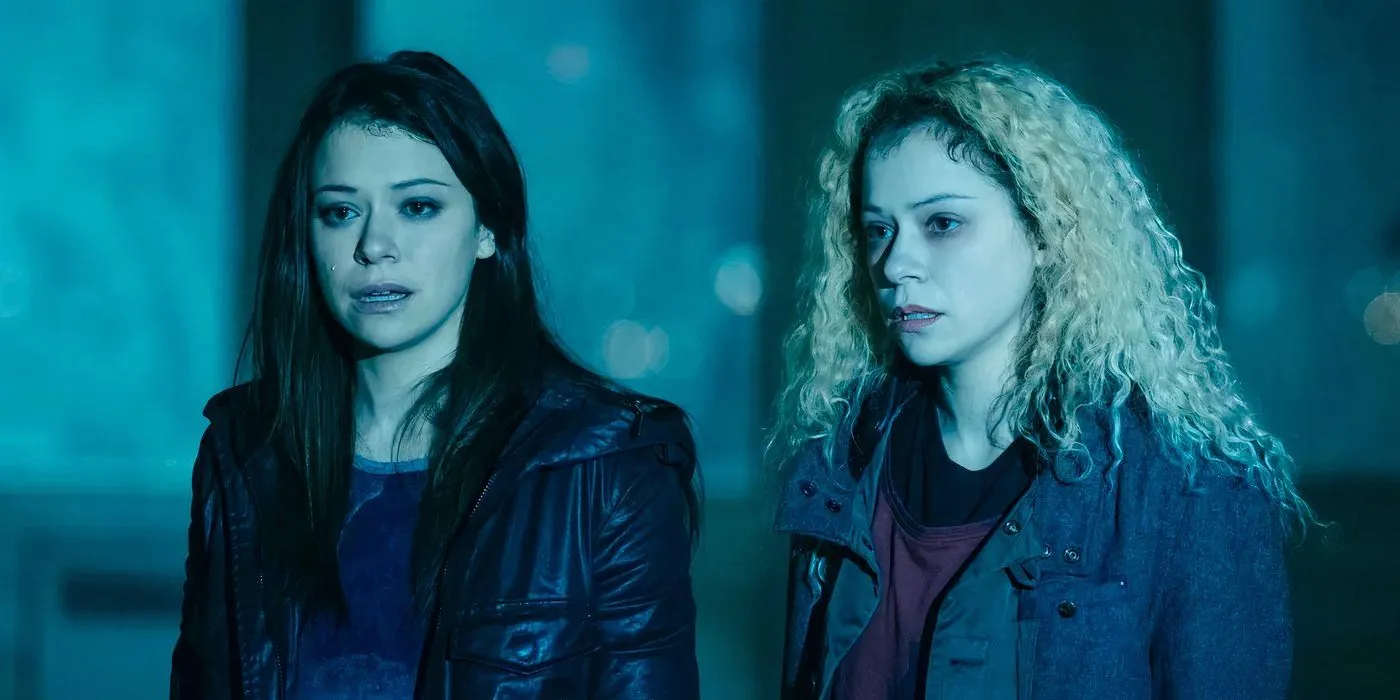 Tatiana Maslany as Sarah and Helena looking shocked in Orphan Black Tatiana Maslany as Sarah and Helena looking shocked in Orphan Black