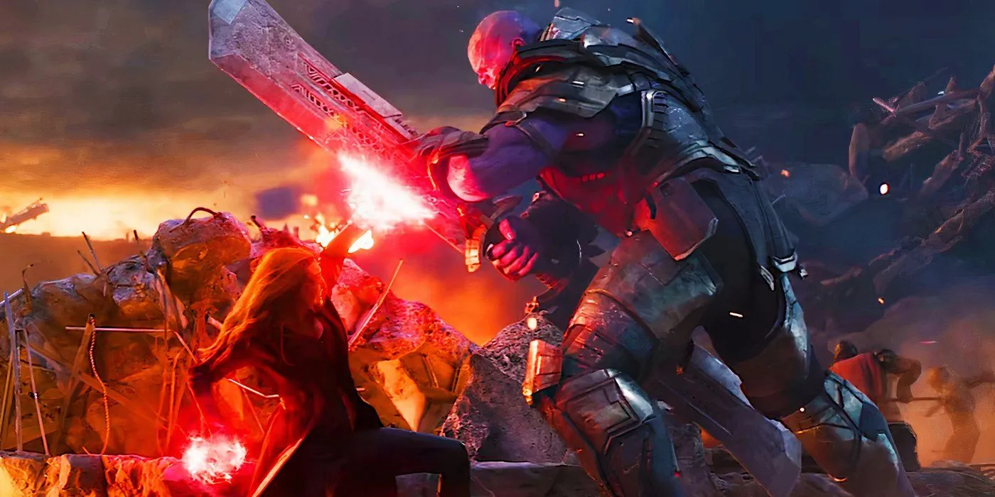 Thanos fighting Scarlet Witch in battle